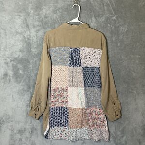 John Mark Top XL Tan Mixed Media Floral Long Sleeve  Boho Roll Tab Sleeve